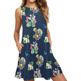 grid wildflower floral print Sleeveless A-Line Pocket Dress (Model D57) - Objet D'Art