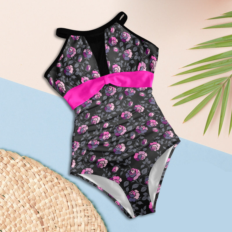 fuchsia solid print 6Q Women's High Neck Plunge Mesh Ruched Swimsuit (S43) - Objet D'Art