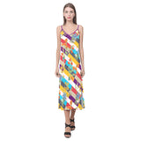 floral striped swimwear V-Neck Open Fork Long Dress(Model D18) - Objet D'Art