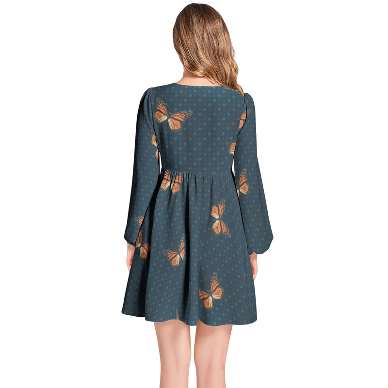 Lantern Sleeve Deep V-Neck Short Dress - Objet D'Art