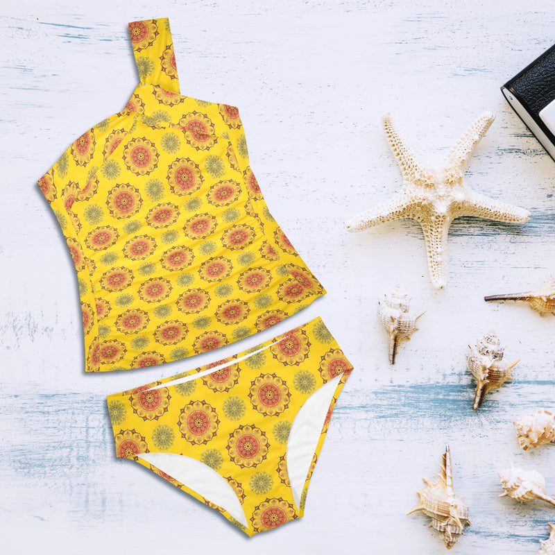 mandala gold print 3 Women's One Shoulder Backless Swimsuit (Model S44) - Objet D'Art
