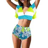 pisces neon green blue green print 2 Women's Ruffle Sleeve Bikini Swimsuit (Model S42) - Objet D'Art