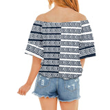 blue white greek key solid print Off Shoulder Knot Front Blouse (Model T71) - Objet D'Art