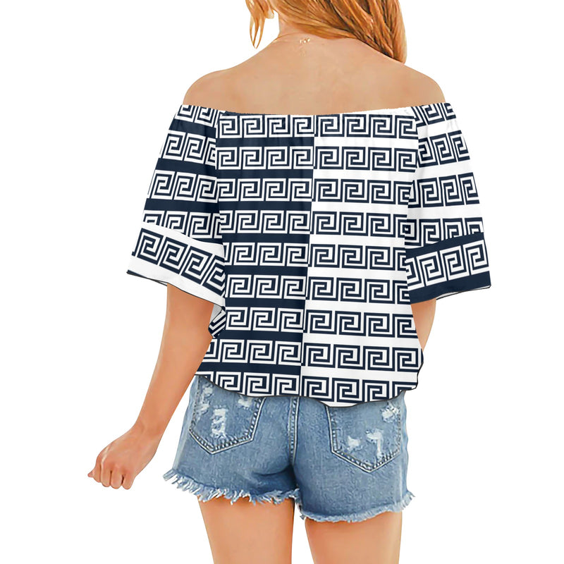 blue white greek key solid print Off Shoulder Knot Front Blouse (Model T71) - Objet D'Art