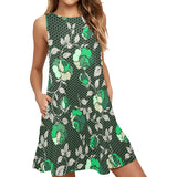 green rose print 2 Sleeveless A-Line Pocket Dress (Model D57) - Objet D'Art