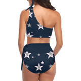 navy blue 2 print 4 High Waisted One Shoulder Bikini Set (Model S16) - Objet D'Art