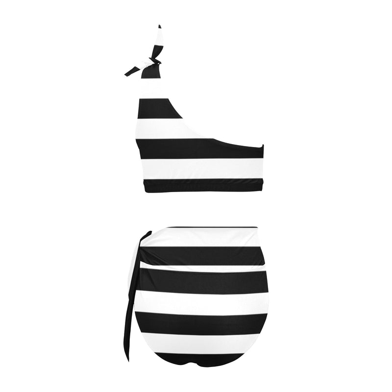 bw bold striped print 2 High Waisted One Shoulder Bikini Set (Model S16) - Objet D'Art