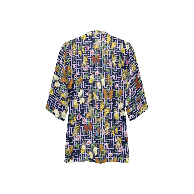 grk butterfly print 2 Women's Kimono Chiffon Cover Up (Model H51) - Objet D'Art
