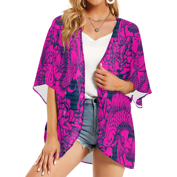 fuchsia pisces print 2 Women's Kimono Chiffon Cover Up (Model H51) - Objet D'Art