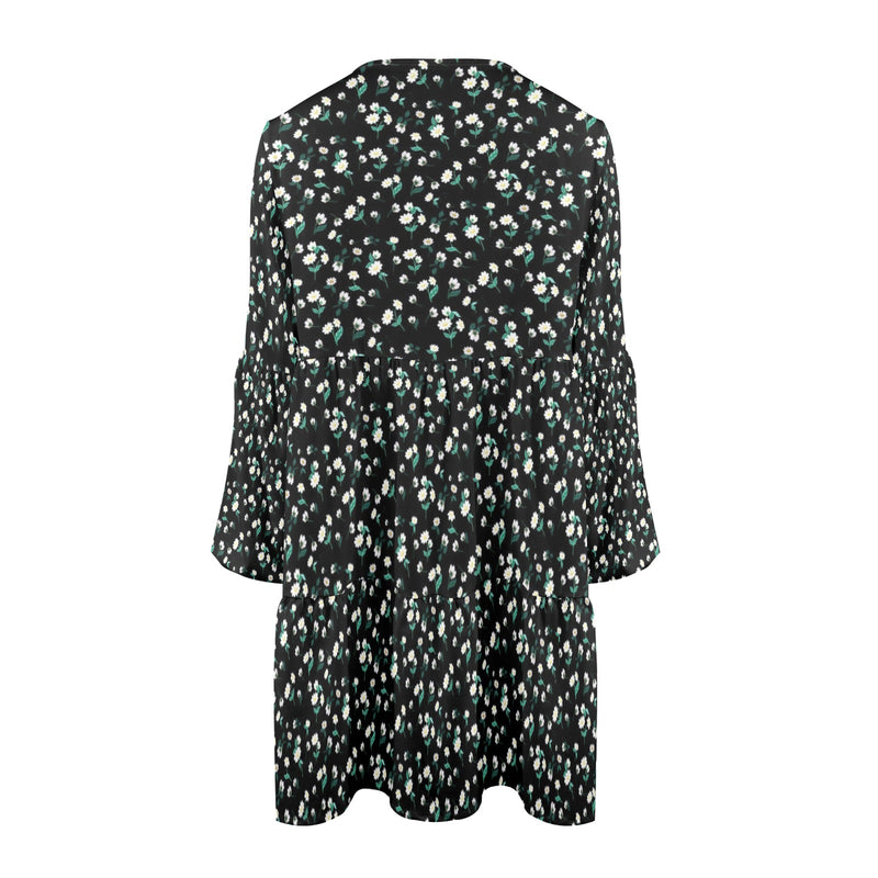 white florals on black mini print V-Neck Loose Fit Dress (Model D66) - Objet D'Art