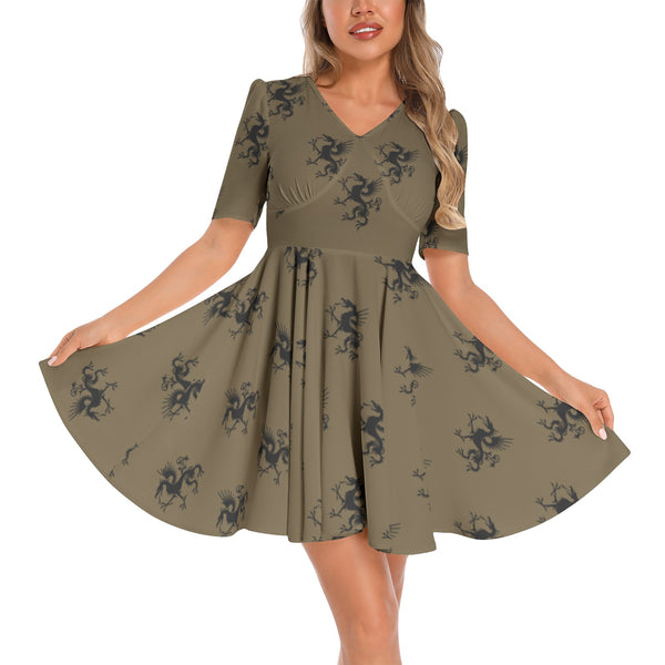 Night of Dragons Short Sleeve Ruched Bust Flared Hem Dress - Objet D'Art