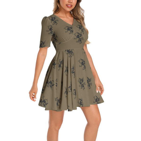 Night of Dragons Short Sleeve Ruched Bust Flared Hem Dress - Objet D'Art