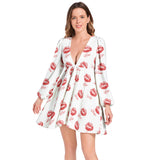 Kisses Lantern Sleeve Deep V-Neck Short Dress - Objet D'Art