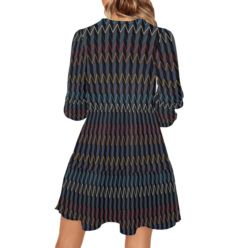 color waves print 3 V-Neck Loose Fit Dress (Model D62) - Objet D'Art