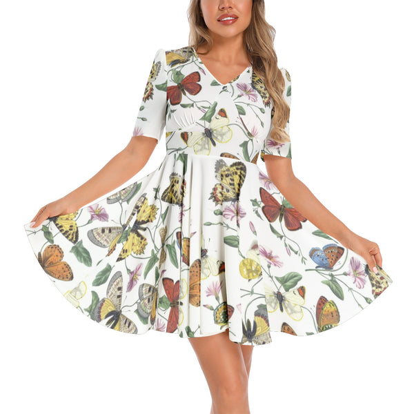 Kaleidoscope of Butterflies Short Sleeve Ruched Bust Flared Hem Dress - Objet D'Art