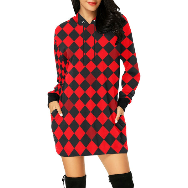 red black diamond print 2 All Over Print Hoodie Mini Dress (Model H27) - Objet D'Art