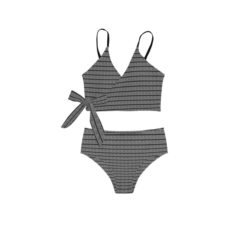 GRAY GREEK PRINT 2 Knot Side Bikini Swimsuit (Model S37) - Objet D'Art