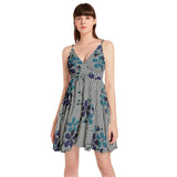 Floral Waves Spaghetti Strap Sleeveless Falred Hem Short Dress - Objet D'Art