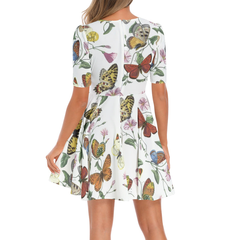 Kaleidoscope of Butterflies Short Sleeve Ruched Bust Flared Hem Dress - Objet D'Art