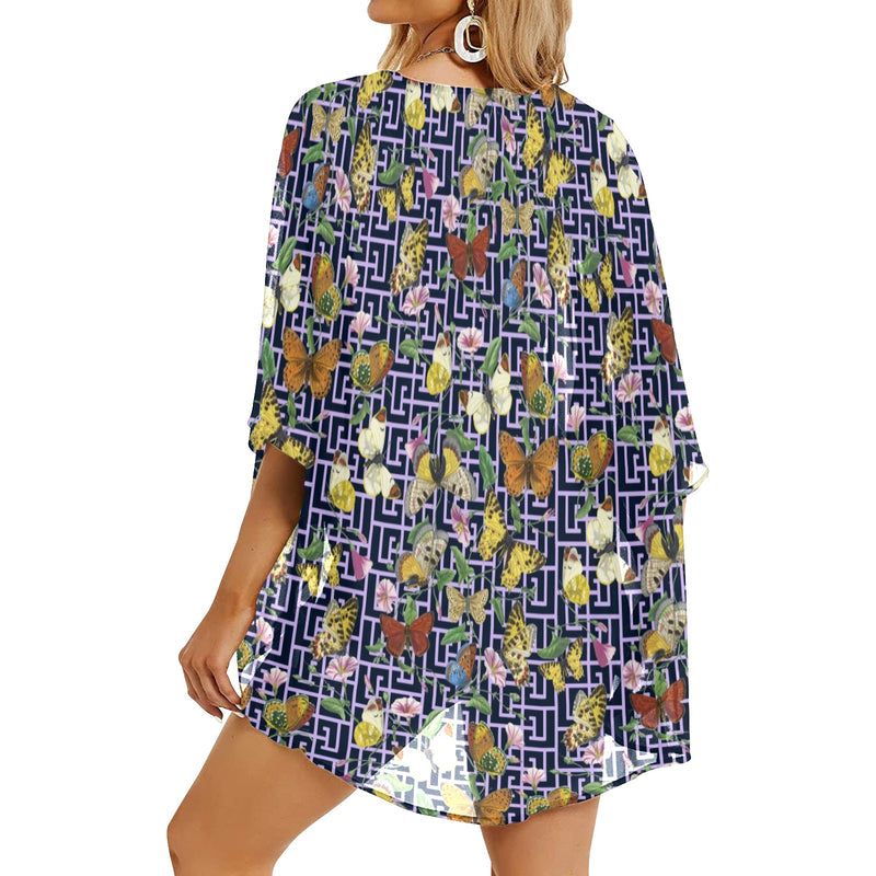 grk butterfly print 2 Women's Kimono Chiffon Cover Up (Model H51) - Objet D'Art