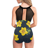 yellow print 2 Women's High Neck Plunge Mesh Ruched Swimsuit (S43) - Objet D'Art