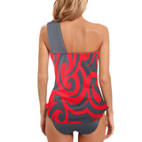 gray battle print Women's One Shoulder Backless Swimsuit (Model S44) - Objet D'Art