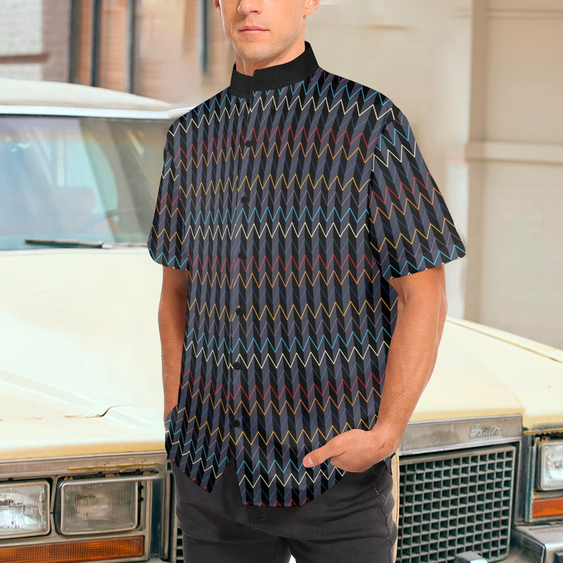 black 2 9k Men's Stand-Up Collar Short Sleeve Shirt - Objet D'Art