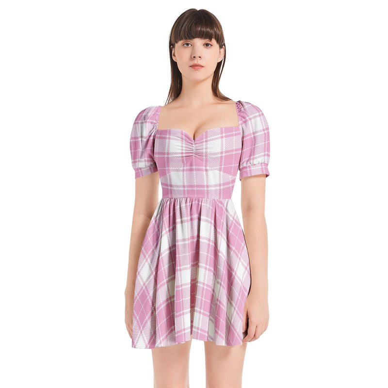 Pink Plaid Puff Sleeve Sweetheart Neck Short Dress - Objet D'Art