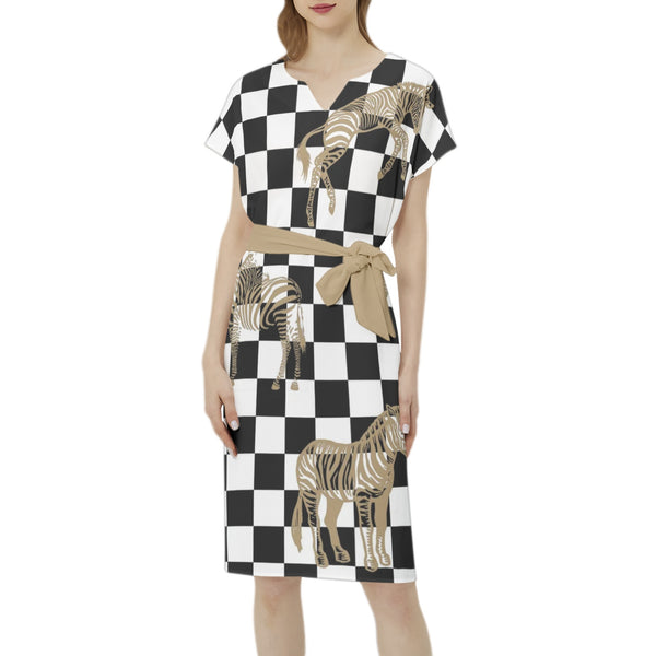 Batwing Sleeve Notch Neck Casual Dress with Belt - Objet D'Art