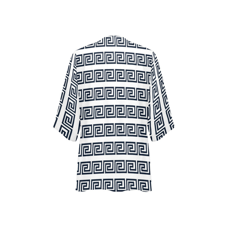 blue white greek key solid print Women's Kimono Chiffon Cover Up (Model H51) - Objet D'Art