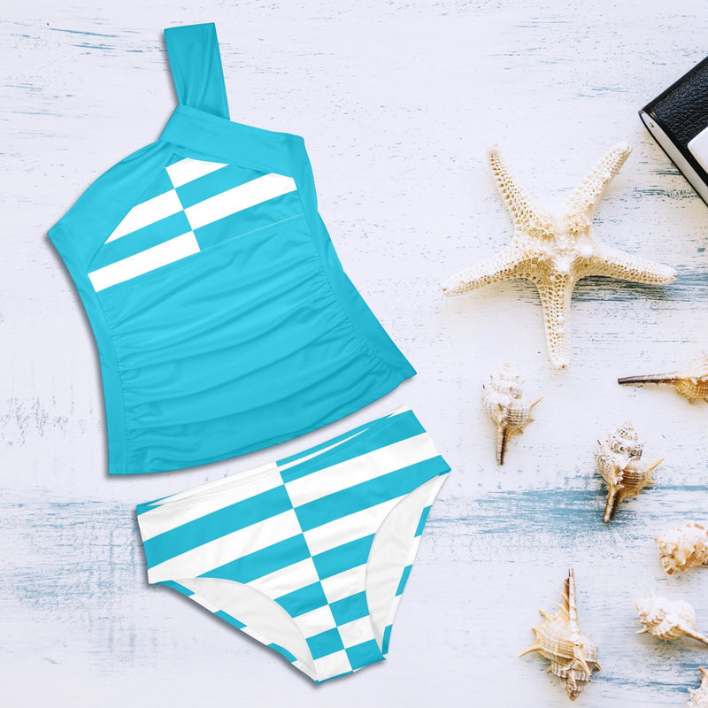 blue white altered striped print Women's One Shoulder Backless Swimsuit (Model S44) - Objet D'Art