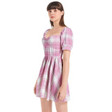 Pink Plaid Puff Sleeve Sweetheart Neck Short Dress - Objet D'Art