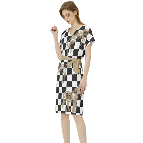 Batwing Sleeve Notch Neck Casual Dress with Belt - Objet D'Art