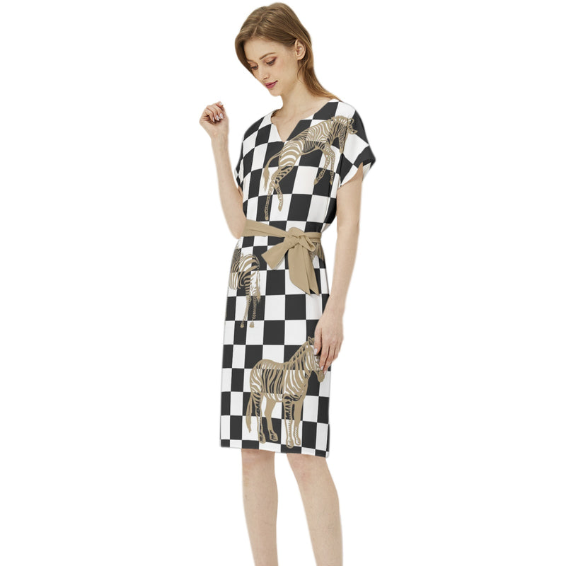 Batwing Sleeve Notch Neck Casual Dress with Belt - Objet D'Art