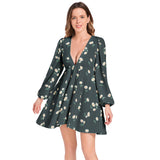 Floral Polka Dots Lantern Sleeve Deep V-Neck Short Dress - Objet D'Art