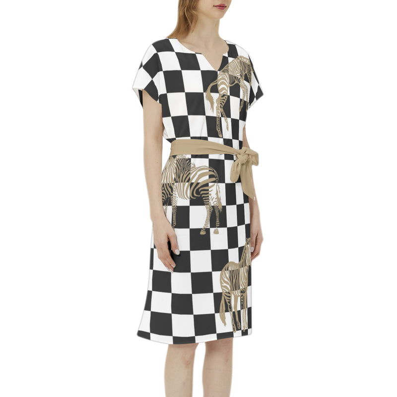 Batwing Sleeve Notch Neck Casual Dress with Belt - Objet D'Art