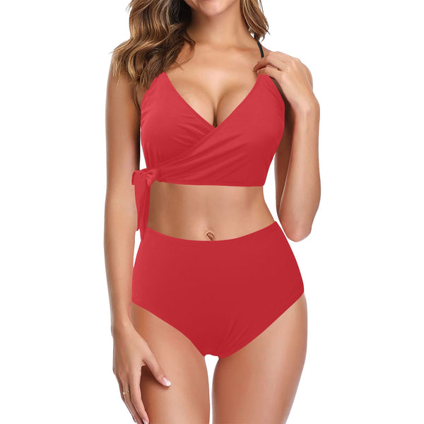 crimson red solid print Knot Side Bikini Swimsuit (Model S37) - Objet D'Art