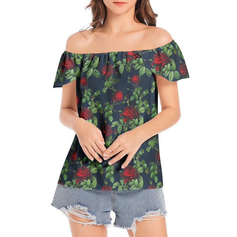 Rose Print Women's Off The Shoulder Top - Objet D'Art