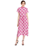 Pink Checkered Drawstring Waist A-line Flared Midi Dress - Objet D'Art