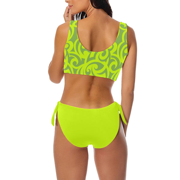 neon green scroll print 2 Bow Tie Front Bikini Swimsuit (Model S38) - Objet D'Art
