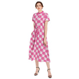 Pink Checkered Drawstring Waist A-line Flared Midi Dress - Objet D'Art