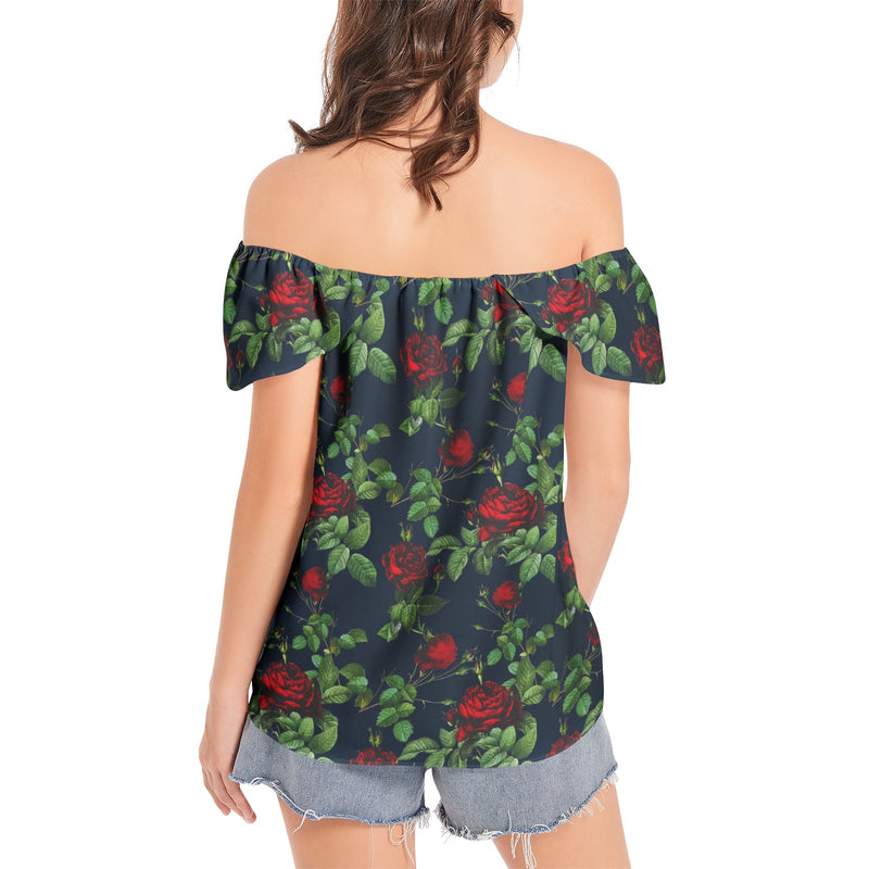 Rose Print Women's Off The Shoulder Top - Objet D'Art
