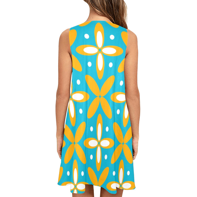 blue gold print petals Sleeveless A-Line Pocket Dress (Model D57) - Objet D'Art