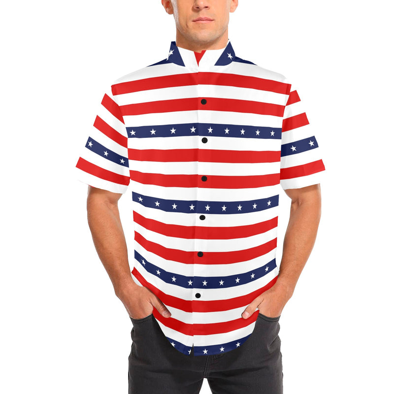 stars and stripes red white blue print 2 Men's Stand-Up Collar Short Sleeve Shirt - Objet D'Art
