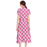 Pink Checkered Drawstring Waist A-line Flared Midi Dress - Objet D'Art