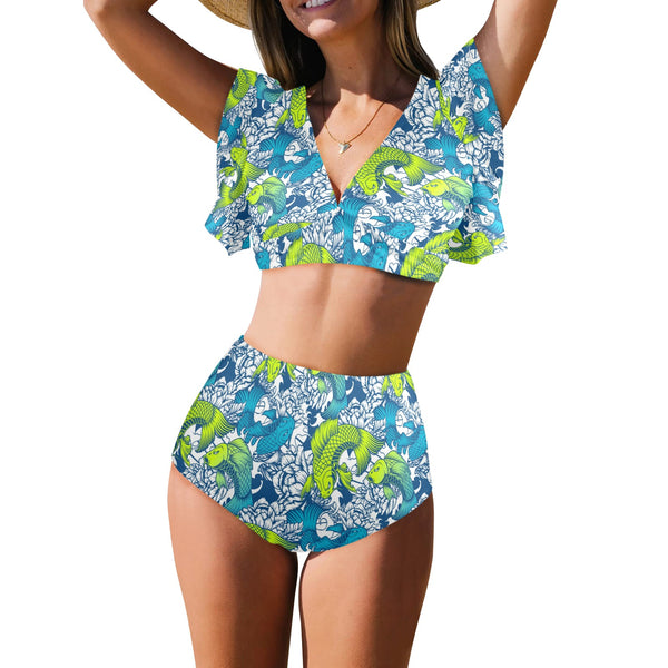 pisces neon green blue ombre print Women's Ruffle Sleeve Bikini Swimsuit (Model S42) - Objet D'Art