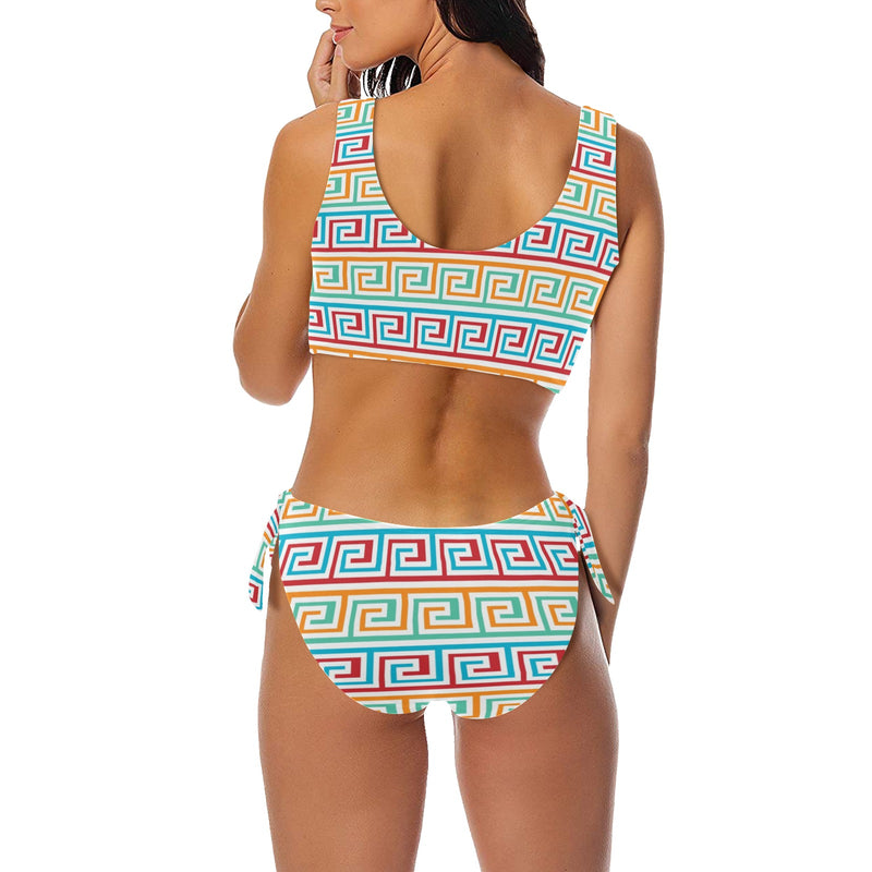 greek key print 2 A C Bow Tie Front Bikini Swimsuit (Model S38) - Objet D'Art
