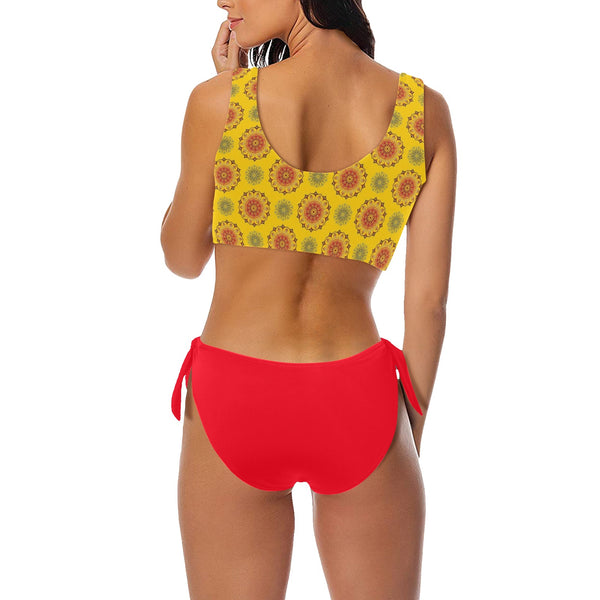 Flaming Mandala Bow Tie Front Bikini Swimsuit (Model S38) - Objet D'Art