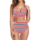americana stars and stripes striped print 2 Knot Side Bikini Swimsuit (Model S37) - Objet D'Art