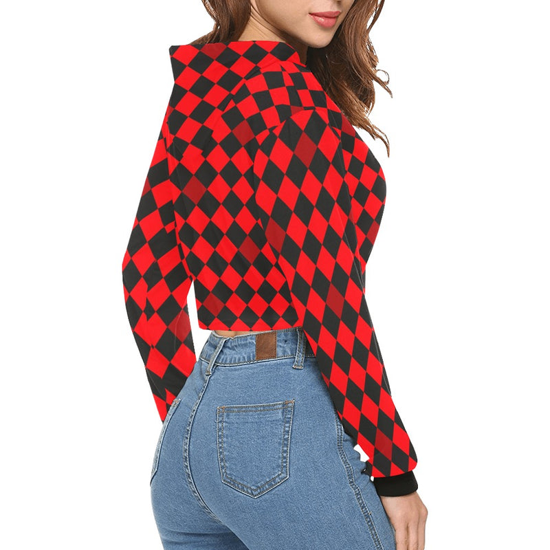 red black diamond print 2 All Over Print Crop Hoodie for Women (Model H22) - Objet D'Art